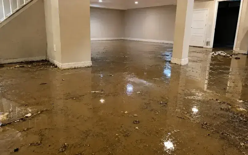 Standing water spread across a finished lower level
