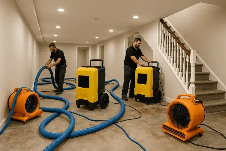 Two restoration technicians setting up air movers, dehumidifiers and extraction hoses in a home