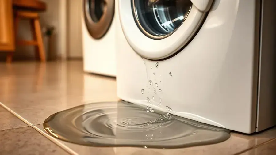 Washing machine dripping water into a puddle on a tile laundry floor
