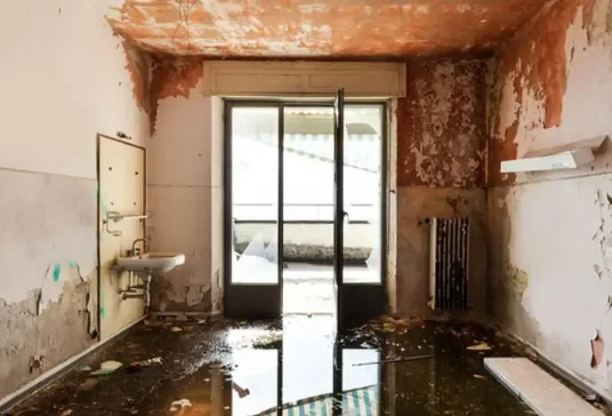 Dirty floodwater across the floor of a ground-floor room with damaged walls