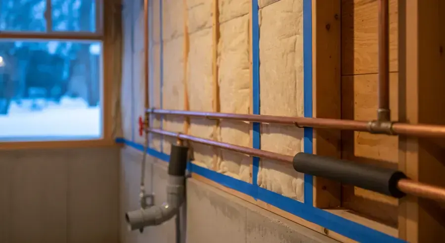 Copper water pipes along an insulated exterior wall beside a snowy window