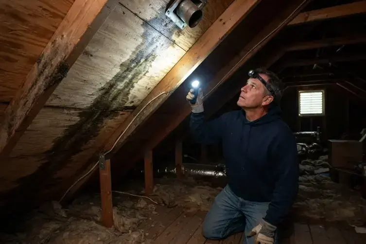 Inspector with a headlamp checking water-stained roof decking in an attic