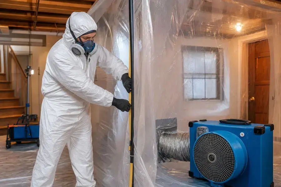 Technician in a protective suit hanging plastic containment next to an air scrubber