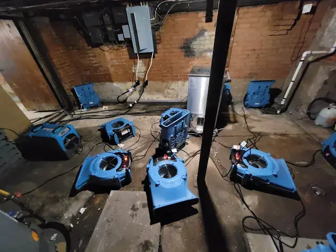 Air movers and dehumidifiers drying an unfinished lower level with brick walls