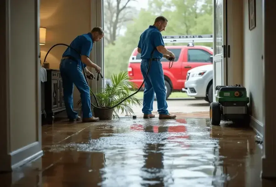 Two technicians pushing standing water out of a flooded room