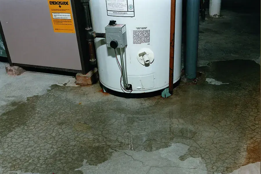 Water heater leaking across a garage floor